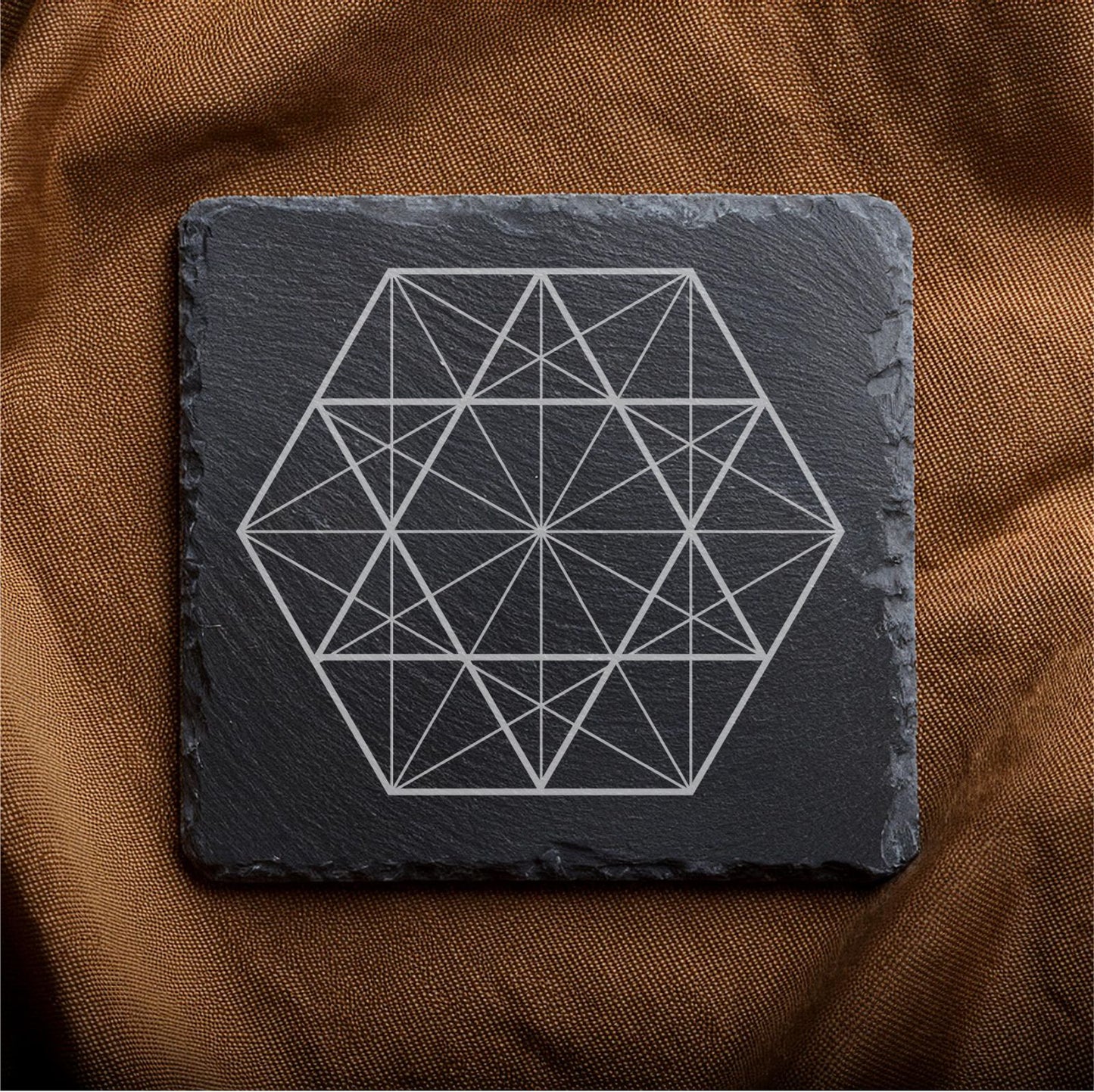 Laser Engraved Slate Coasters with Metal Holder – Set of 6 – "Geometric Radiance" Collection (Round or Square)