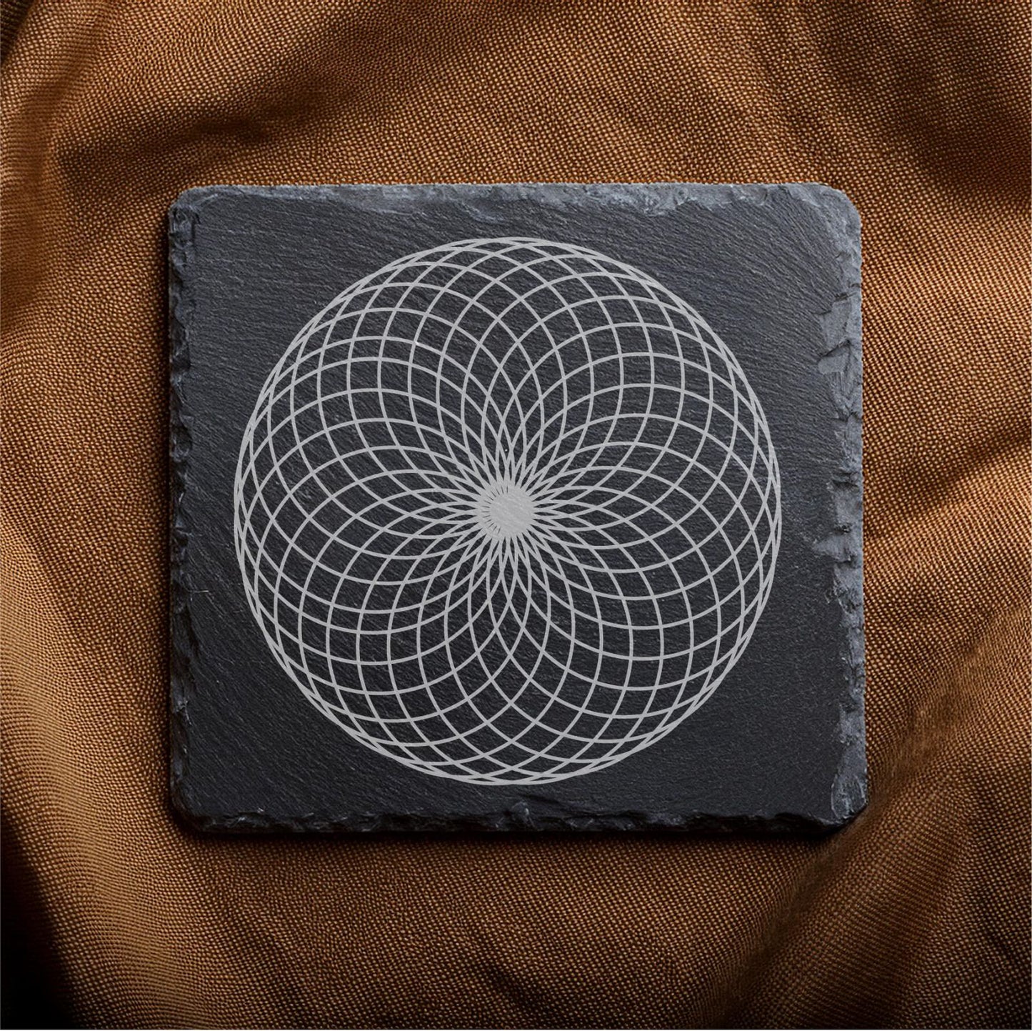 Laser Engraved Slate Coasters with Metal Holder – Set of 6 – "Geometric Radiance" Collection (Round or Square)