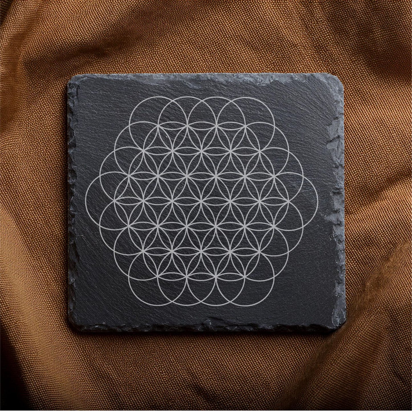 Laser Engraved Slate Coasters with Metal Holder – Set of 6 – "Geometric Radiance" Collection (Round or Square)