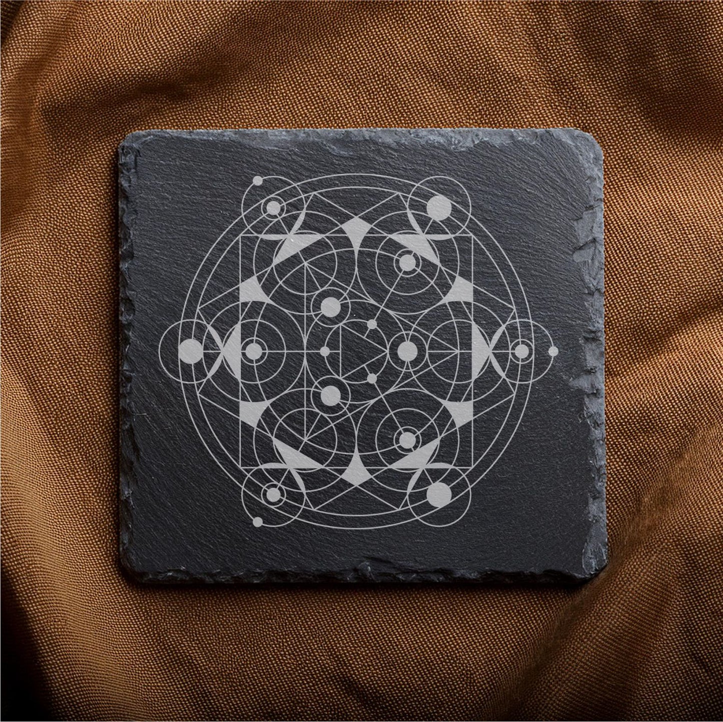 Laser Engraved Slate Coasters with Metal Holder – Set of 6 – "Geometric Radiance" Collection (Round or Square)