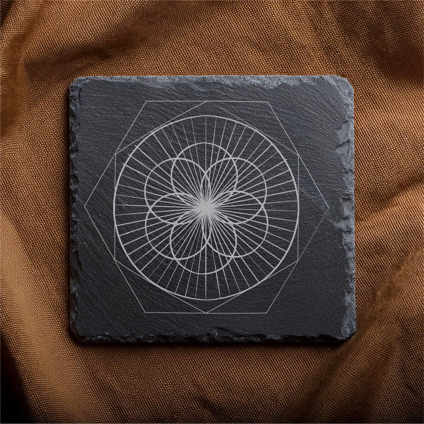 Laser Engraved Slate Coasters with Metal Holder – Set of 6 – "Geometric Radiance" Collection (Round or Square)