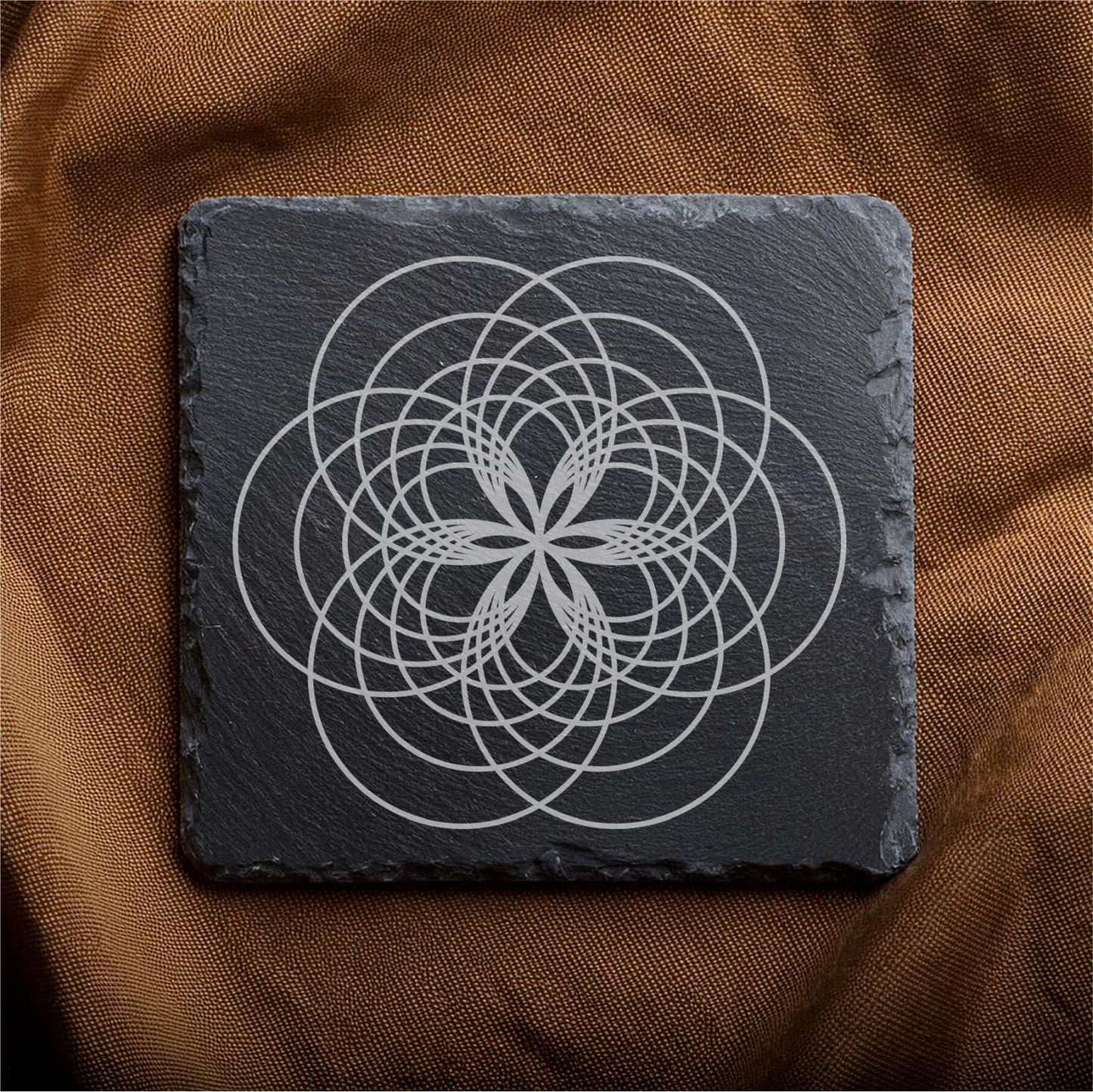 Laser Engraved Slate Coasters with Metal Holder – Set of 6 – "Geometric Radiance" Collection (Round or Square)