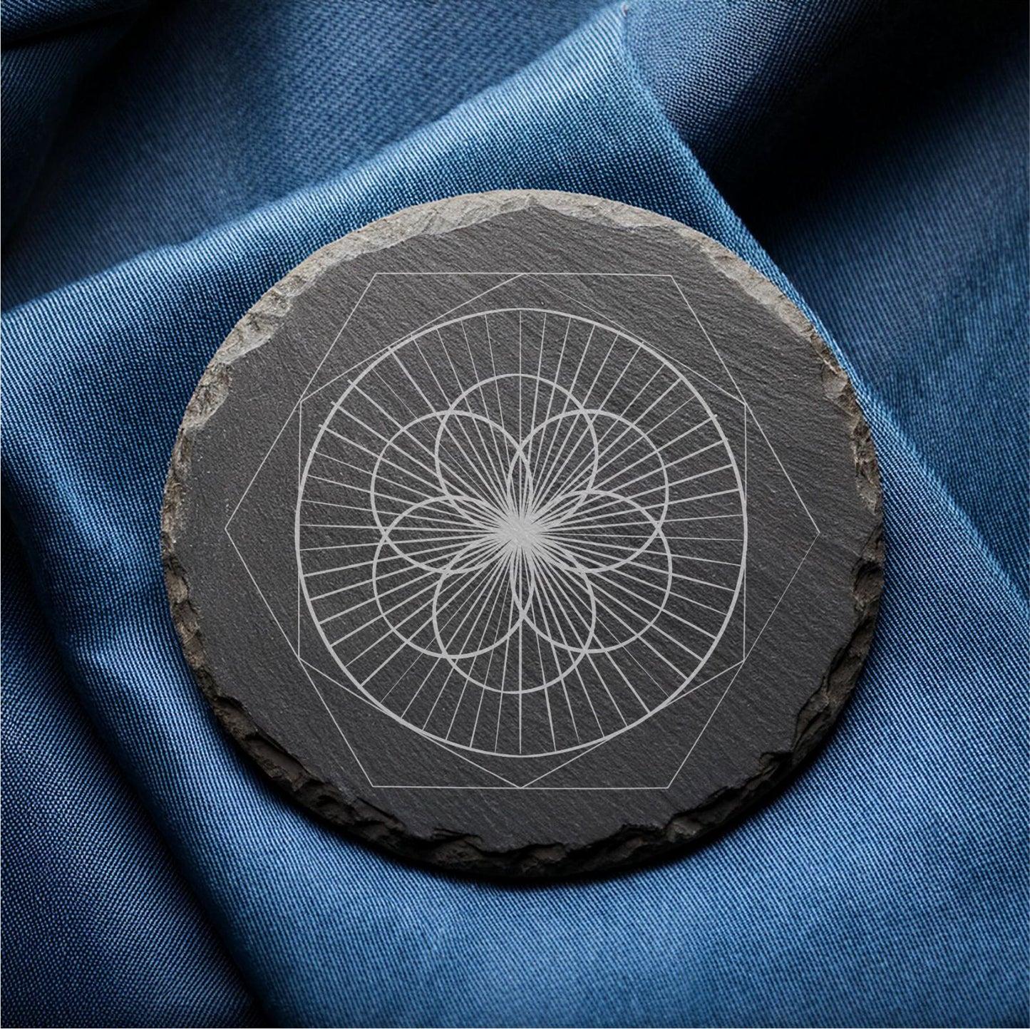 Laser Engraved Slate Coasters with Metal Holder – Set of 6 – "Geometric Radiance" Collection (Round or Square)