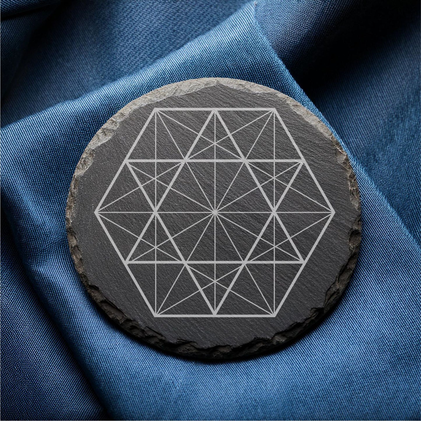 Laser Engraved Slate Coasters with Metal Holder – Set of 6 – "Geometric Radiance" Collection (Round or Square)