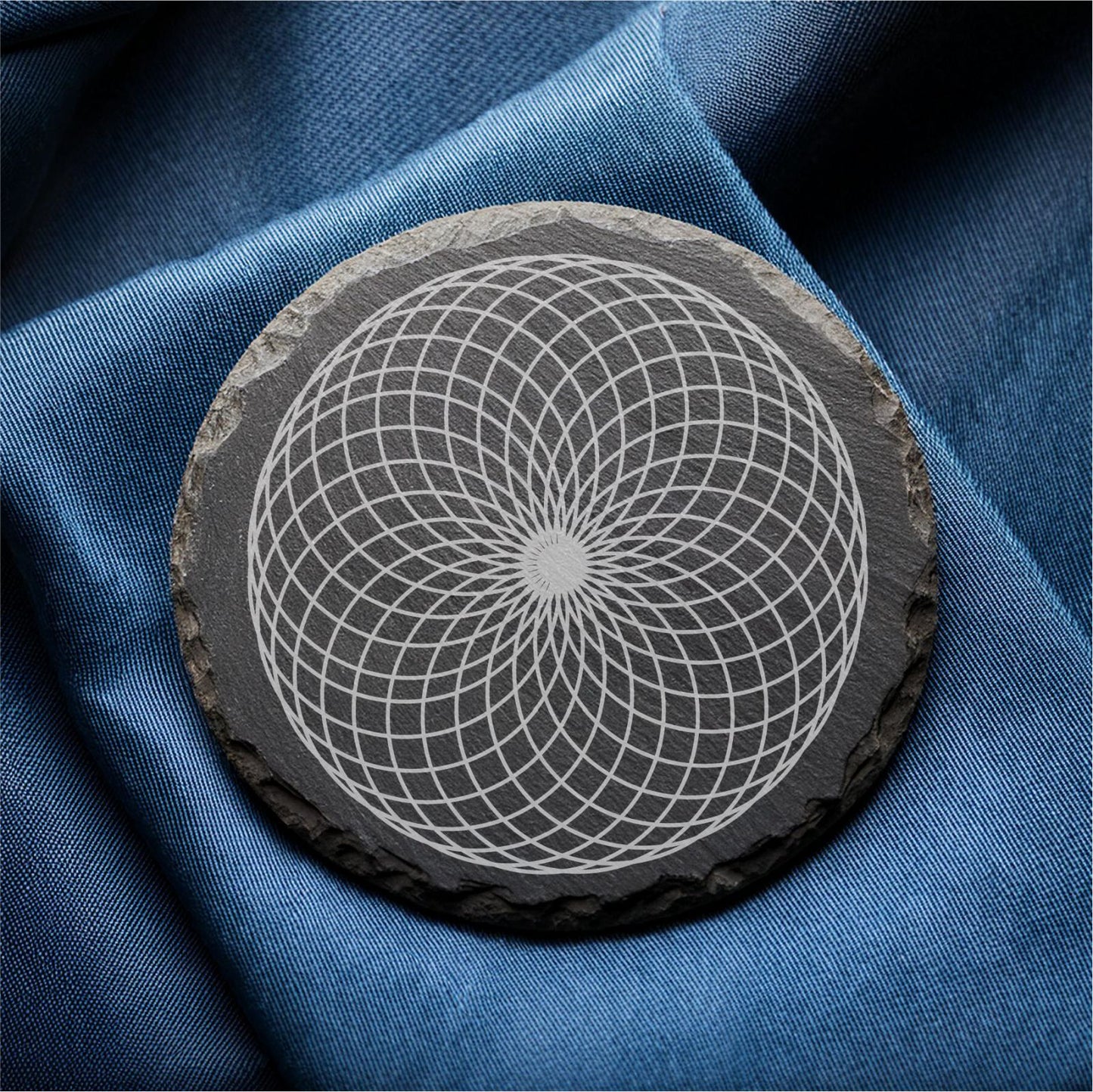 Laser Engraved Slate Coasters with Metal Holder – Set of 6 – "Geometric Radiance" Collection (Round or Square)