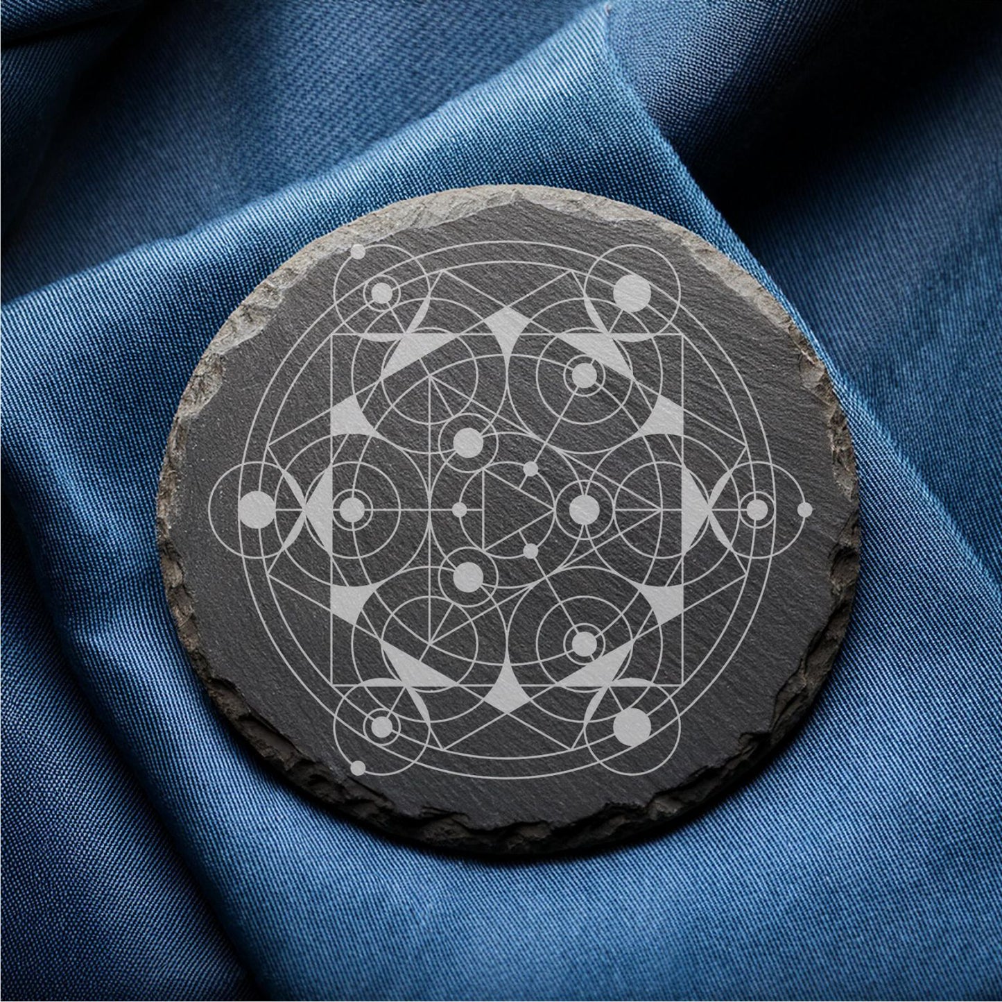 Laser Engraved Slate Coasters with Metal Holder – Set of 6 – "Geometric Radiance" Collection (Round or Square)