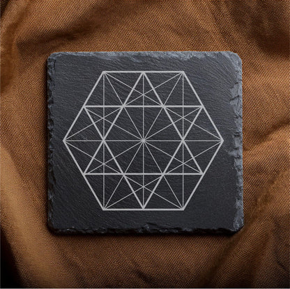 Laser Engraved Slate Coasters with Metal Holder – Set of 6 – "Geometric Radiance" Collection (Round or Square)