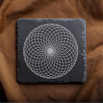 Laser Engraved Slate Coasters with Metal Holder – Set of 6 – "Geometric Radiance" Collection (Round or Square)