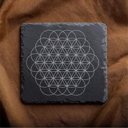 Laser Engraved Slate Coasters with Metal Holder – Set of 6 – "Geometric Radiance" Collection (Round or Square)