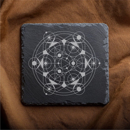 Laser Engraved Slate Coasters with Metal Holder – Set of 6 – "Geometric Radiance" Collection (Round or Square)