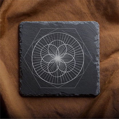 Laser Engraved Slate Coasters with Metal Holder – Set of 6 – "Geometric Radiance" Collection (Round or Square)