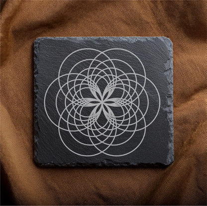 Laser Engraved Slate Coasters with Metal Holder – Set of 6 – "Geometric Radiance" Collection (Round or Square)