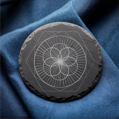 Laser Engraved Slate Coasters with Metal Holder – Set of 6 – "Geometric Radiance" Collection (Round or Square)