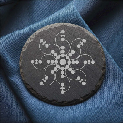 Laser Engraved Slate Coasters with Metal Holder – Set of 6 – "Cosmic Spirals" Collection (Round or Square)