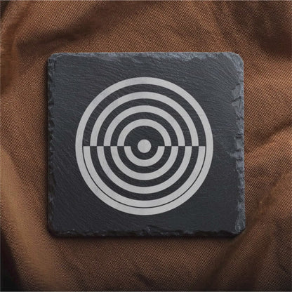 Laser Engraved Slate Coasters with Metal Holder – Set of 6 – "Geometric Orbit" Collection (Round or Square)