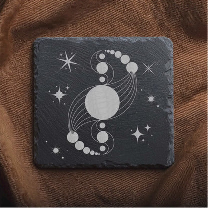Laser Engraved Slate Coasters with Metal Holder – Set of 6 – "Celestial Wonders" Collection (Round or Square)