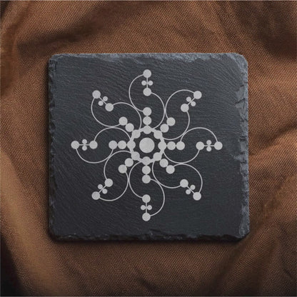 Laser Engraved Slate Coasters with Metal Holder – Set of 6 – "Cosmic Spirals" Collection (Round or Square)