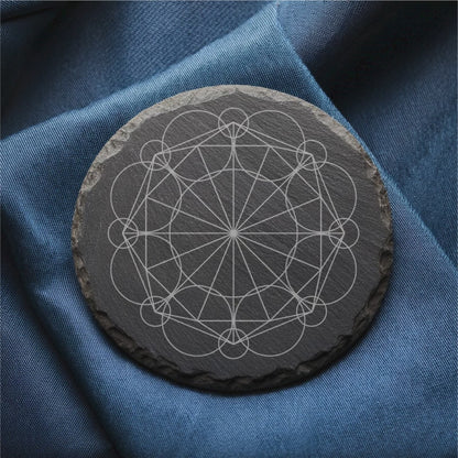 Laser Engraved Slate Coasters with Metal Holder – Set of 6 – "Celestial Harmony" Collection (Round or Square)