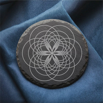 Laser Engraved Slate Coasters with Metal Holder – Set of 6 – "Geometric Radiance" Collection (Round or Square)