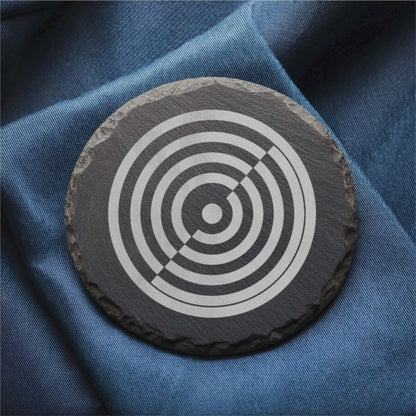 Laser Engraved Slate Coasters with Metal Holder – Set of 6 – "Geometric Orbit" Collection (Round or Square)