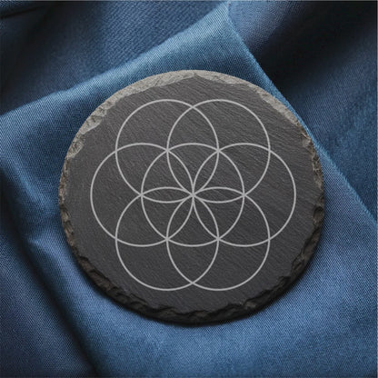 Laser Engraved Slate Coasters with Metal Holder – Set of 6 – "Ethereal Balance" Collection (Round or Square)